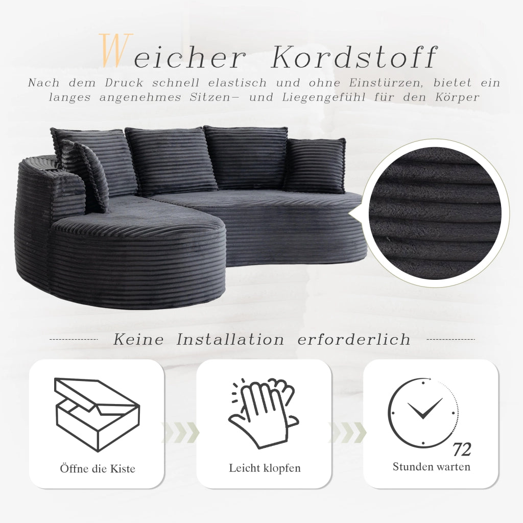Divano curvo in velluto con portabicchieri e tasche laterali, seduta confortevole per soggiorno, grigio scuro