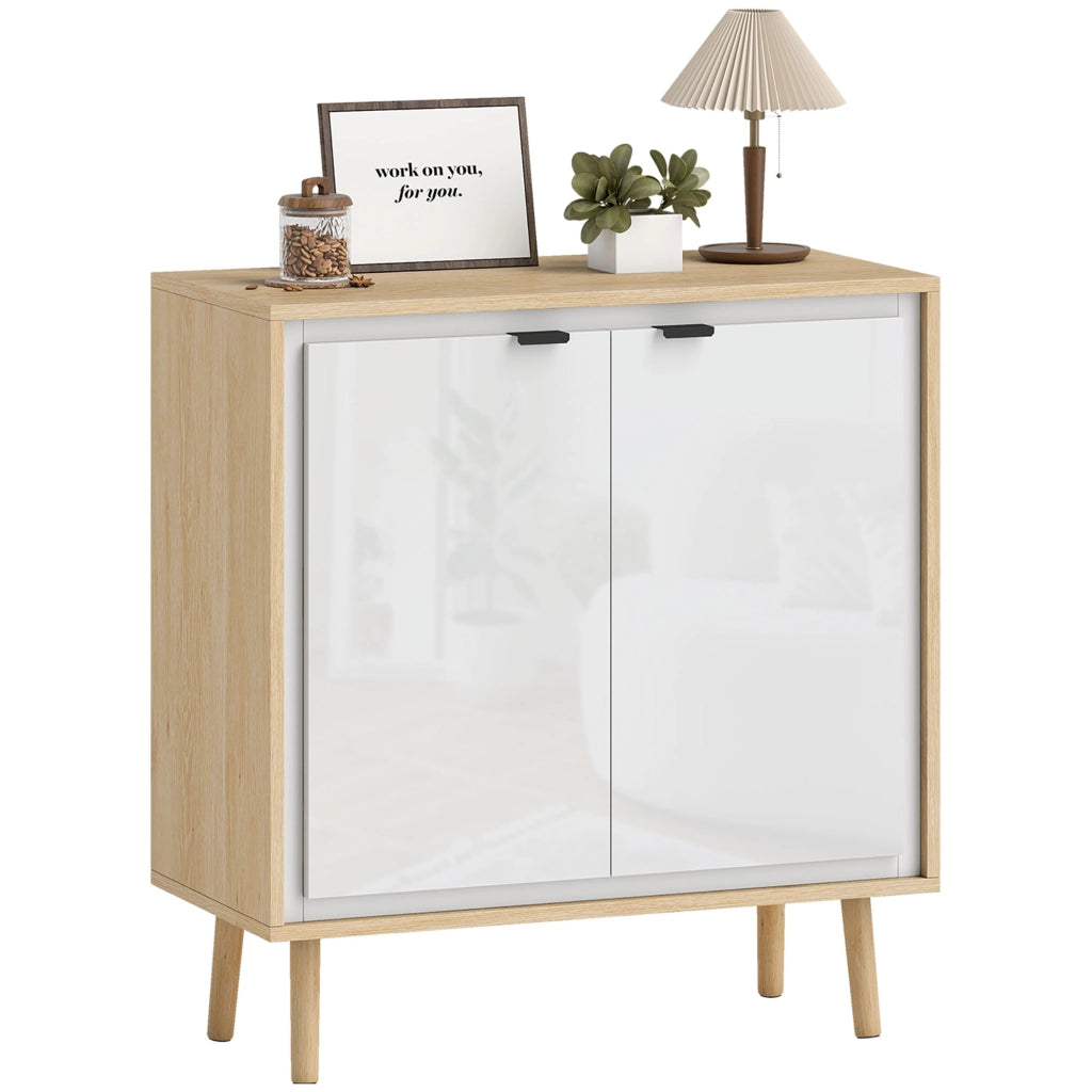 Credenza a 2 Ante con Ripiano Regolabile ¨C zephmum ¨C Bianco Lucido e Rovere, 72x35x77 cm