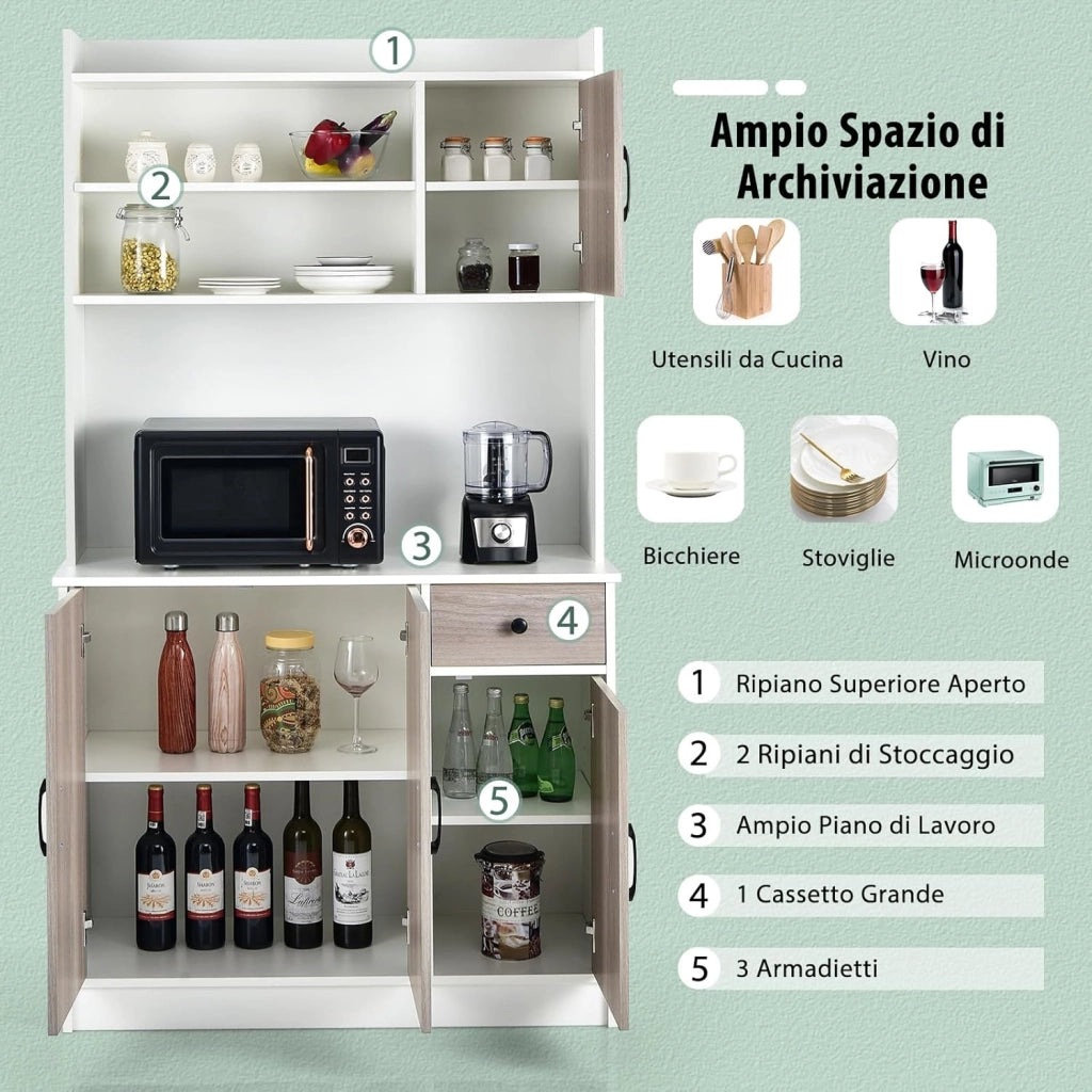 COSTWAY Armadio da Cucina Alto 180 CM, Credenza Alta da Cucina con Armadietti e Cassetto, Stazione di Ricarica Integrata, Ripiani Regolabili, 100 x 40 x 180 cm (Bianco)