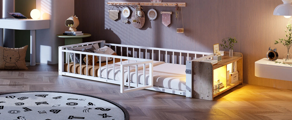 DESMIU Letto per bambini 90 × 200 cm con sponda di sicurezza, vano aperto e LED, senza materasso, bianco