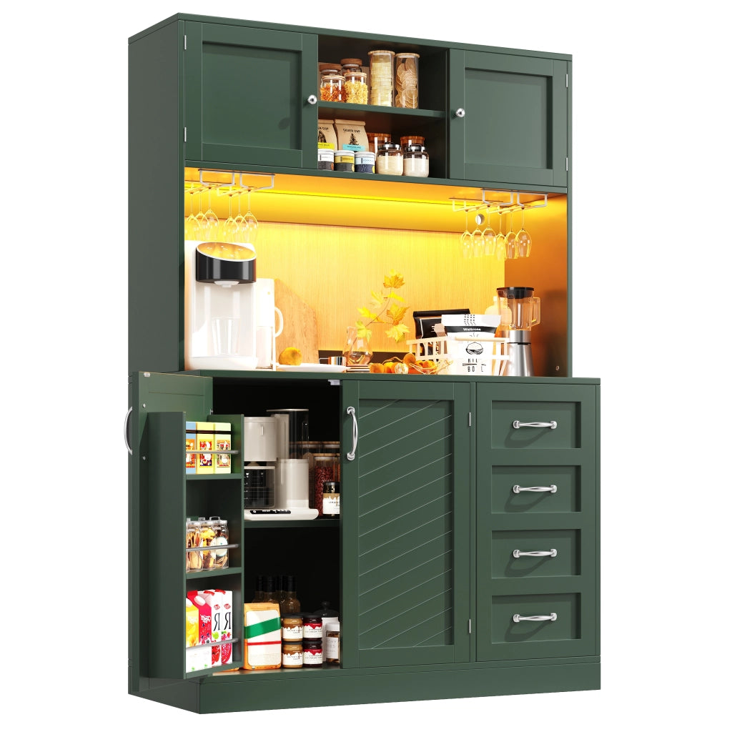 OKWISH Credenza da Cucina con 4 Ante, Cassetti, Supporti per Bevande e LED, per Cucina, MDF, Verde, 120 x 40 x 188 cm