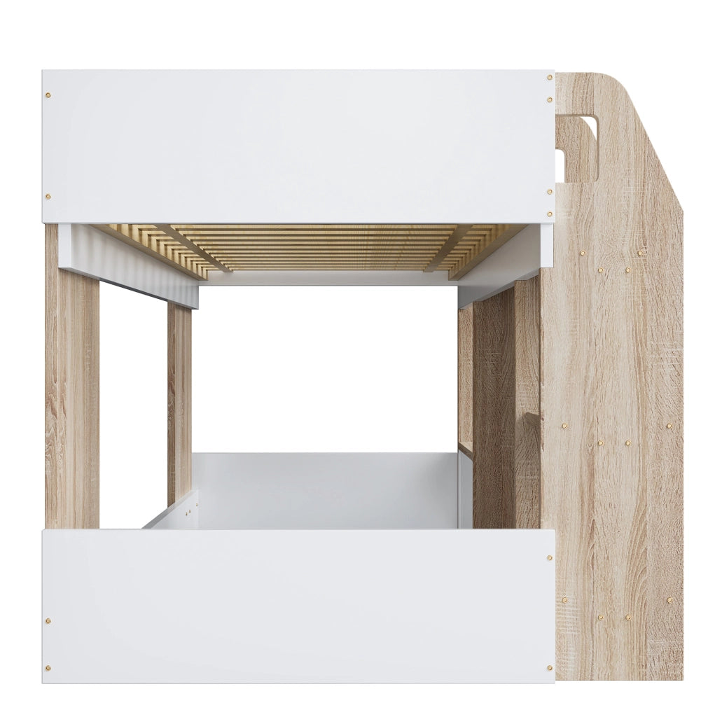 Letto a soppalco 90x200 cm con scala e vano contenitore in legno bianco e rosa