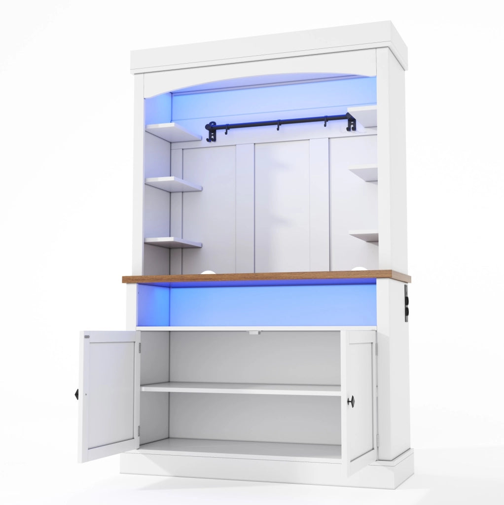 Credenza ad arco 106x43x183 cm con illuminazione LED RGB e presa integrata in MDF bianco