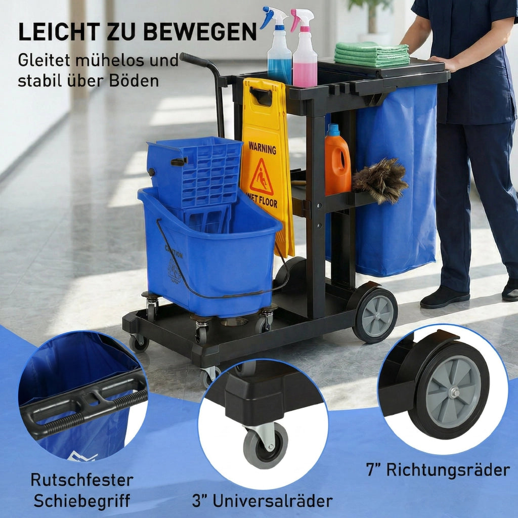 Carrello per pulizia con 3 ripiani, secchio strizzamop e sacco 70 litri ¨C zephmum ¨C Blu