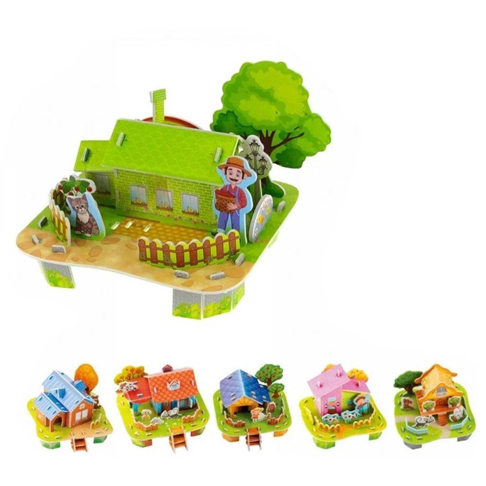 Trade Shop - Kit 12pz Puzzle 3d A Forma Di Casetta Stile Fattoria In Miniatura Bambini Costruzione 32391 -