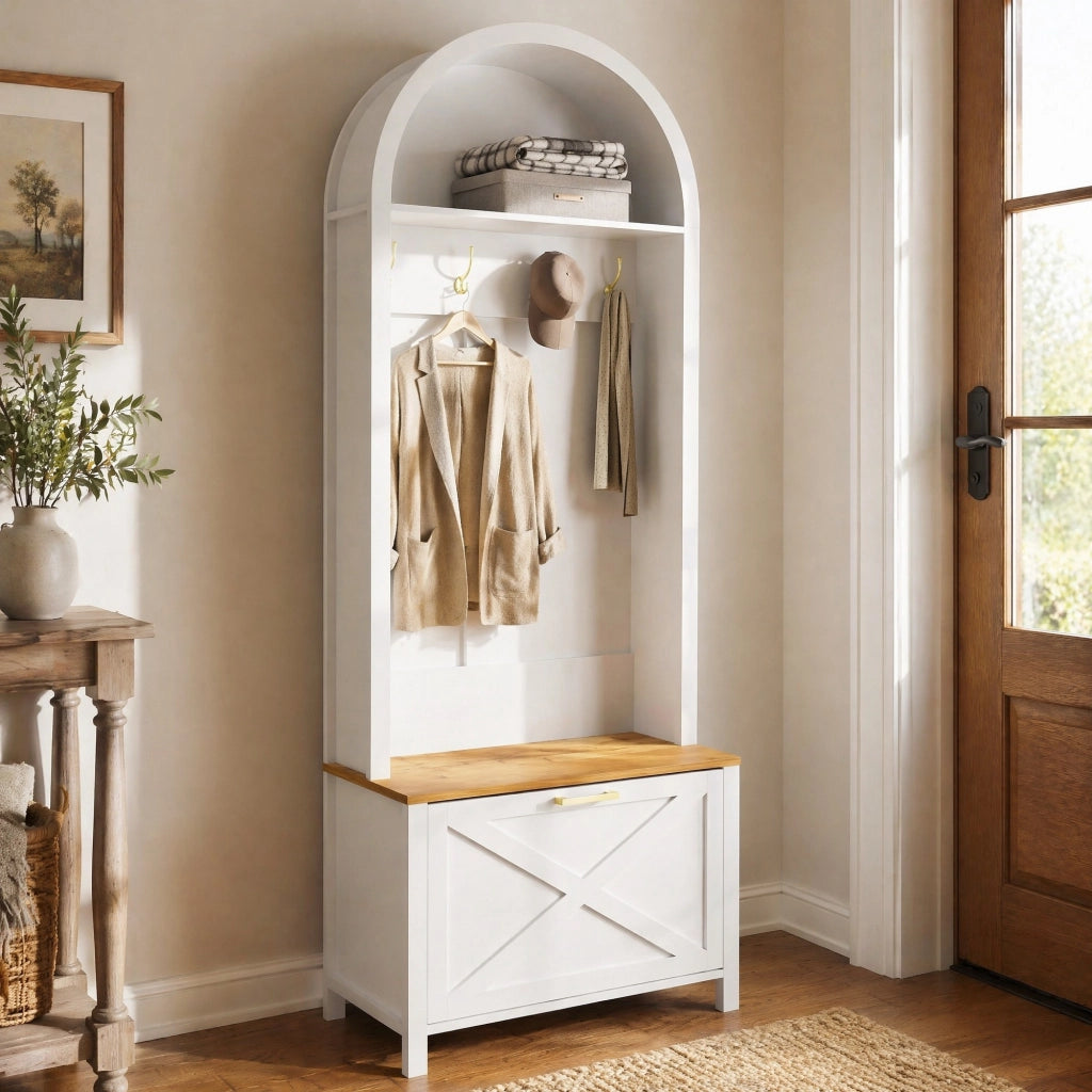 Appendiabiti da ingresso multifunzione con scarpiera; ripiano e ganci; 195 x 75 x 35 cm; MDF bianco e legno