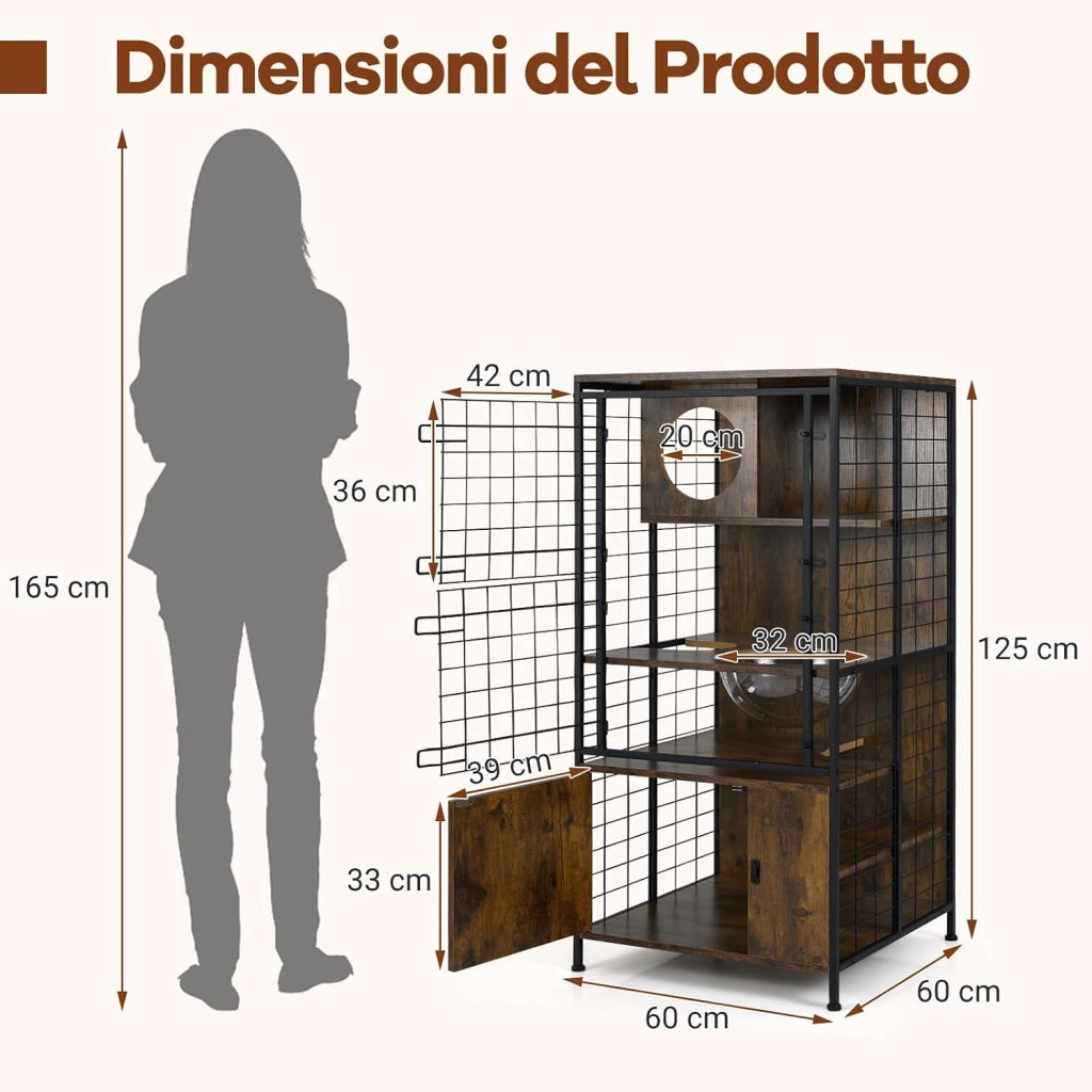 Armadio in Legno per Gatti, Gabbia a più Livelli con Struttura Metallica e Ciotola per Gatti, Armadietto con Porta a Rete Bloccabile, Casetta per gattini da Interno, 60 x 60 x 125 cm