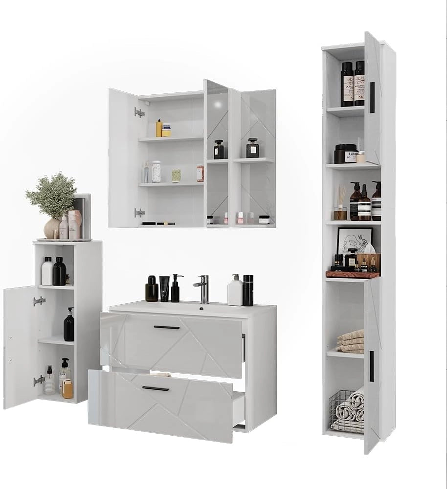 Set di mobili da bagno Irma, Bianco/bianco lucido, 80 cm, composto da mobile sottolavabo, lavabo, pensile, colonna e mobile medio