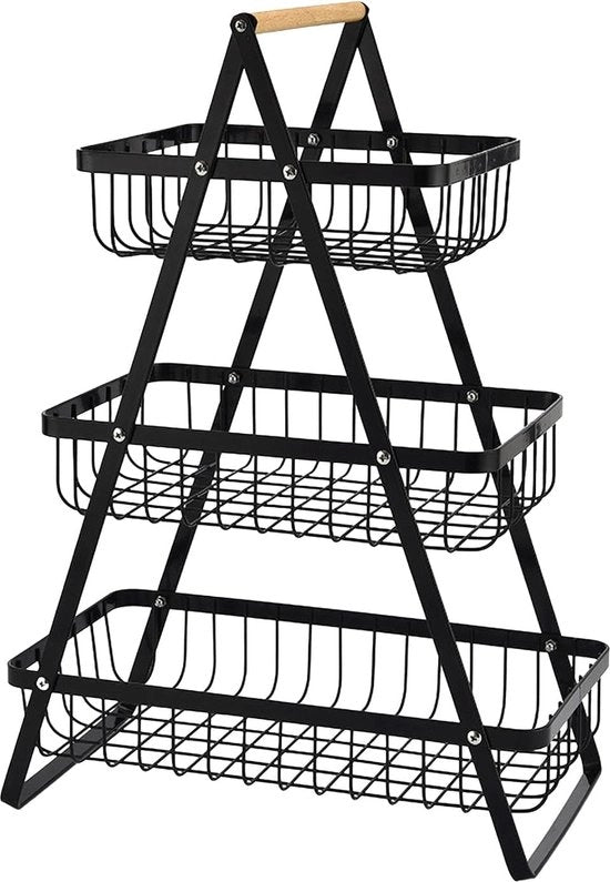 Cassa frutta e verdura in metallo, cassa frutta quadrata, cassa frutta a 3 celle, cassa frutta pratica in metallo, per pane, snack, angolo, magazzino, cucina, nero