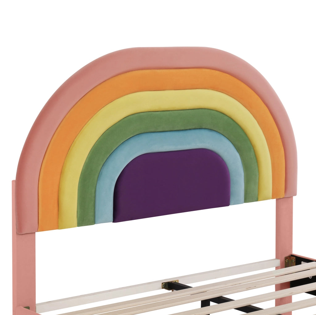 Letto imbottito 140x200 cm in velluto rosa con testiera regolabile e rete a doghe