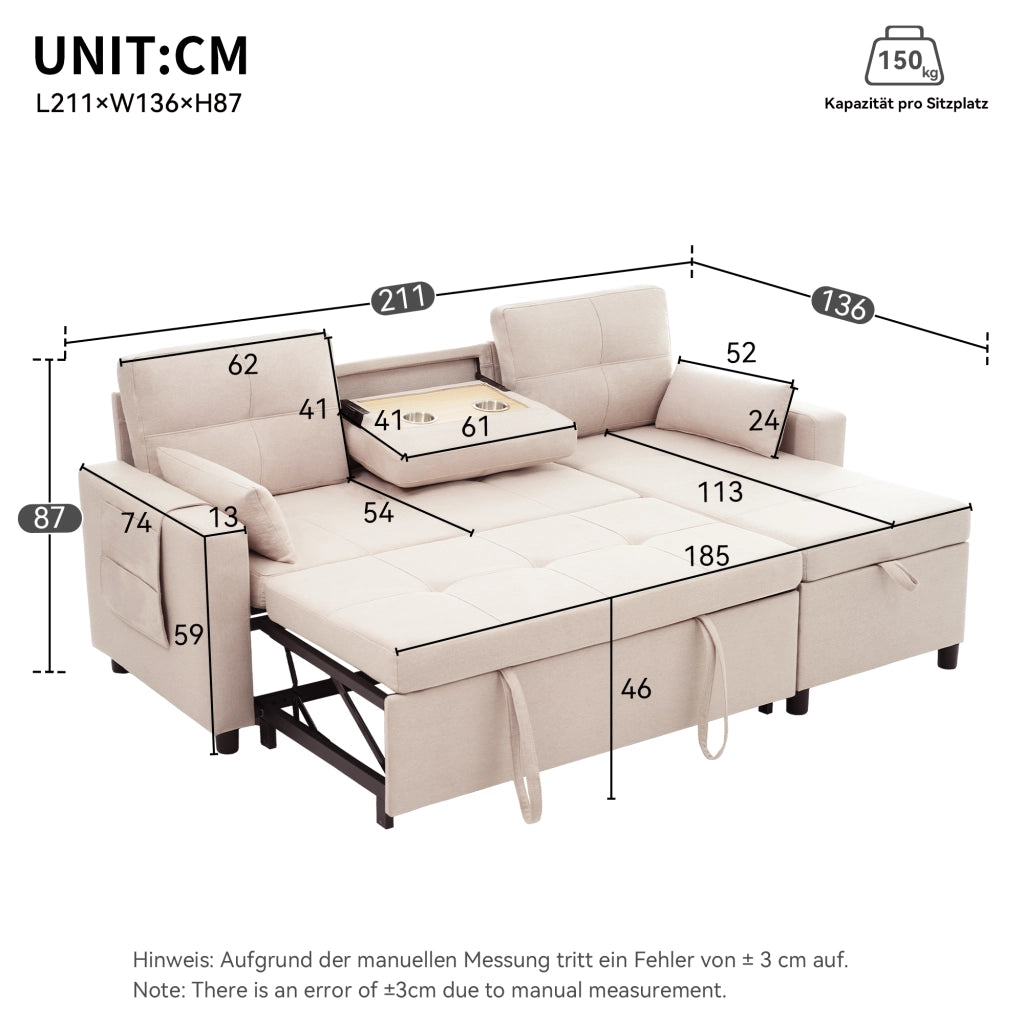 DIVANO LETTO angolare modulare estraibile 211x136x87 cm lino beige