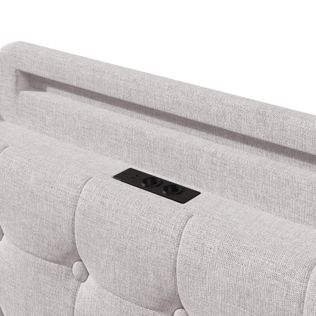 Letto imbottito 140x200 cm con contenitore; LED e ricarica USB Type-C in lino beige