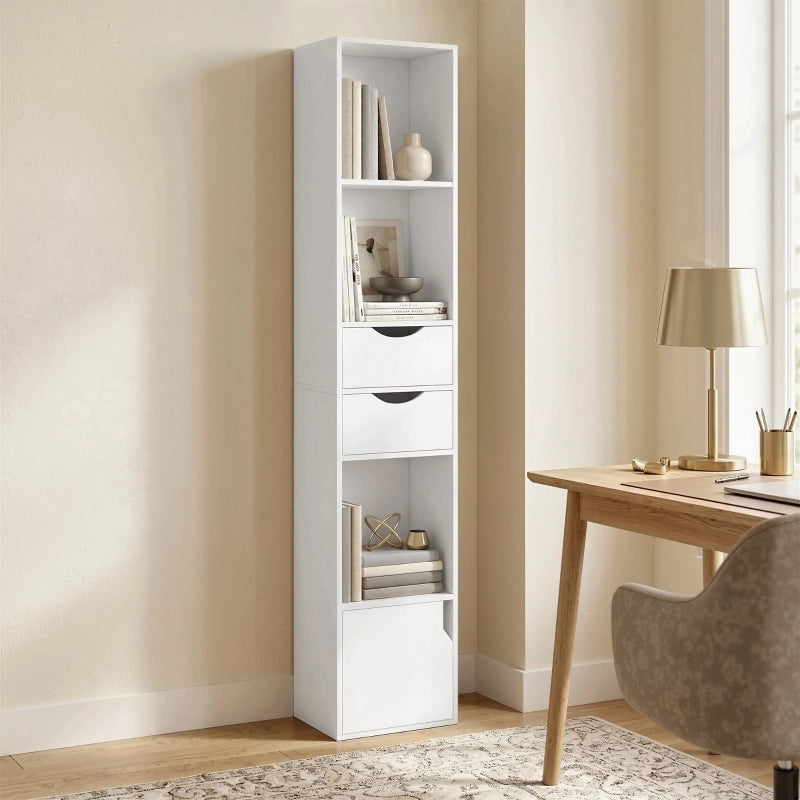Libreria con 2 cassetti, libreria stretta con 3 ripiani a giorno, per ufficio, camera da letto, 30x24x158 cm, bianca