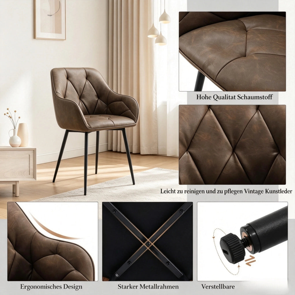 SEDIA da pranzo con braccioli 45,5x45x83,5 cm in ecopelle marrone scuro Set da 2 pezzi