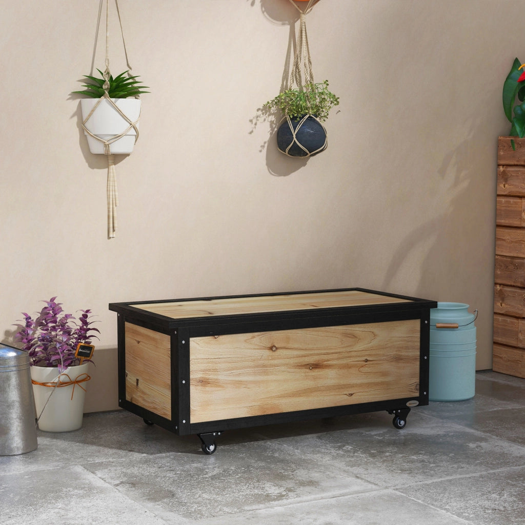 Panca Contenitore da 121L con 4 Rotelle e Maniglie in Legno e Acciaio, 100x50x43cm, Colore Legno