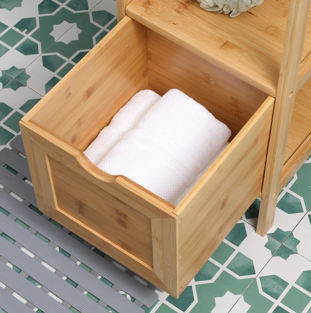 Mobiletto alto da bagno in bambù 30x30x140 cm con 3 ripiani aperti e 2 cassetti