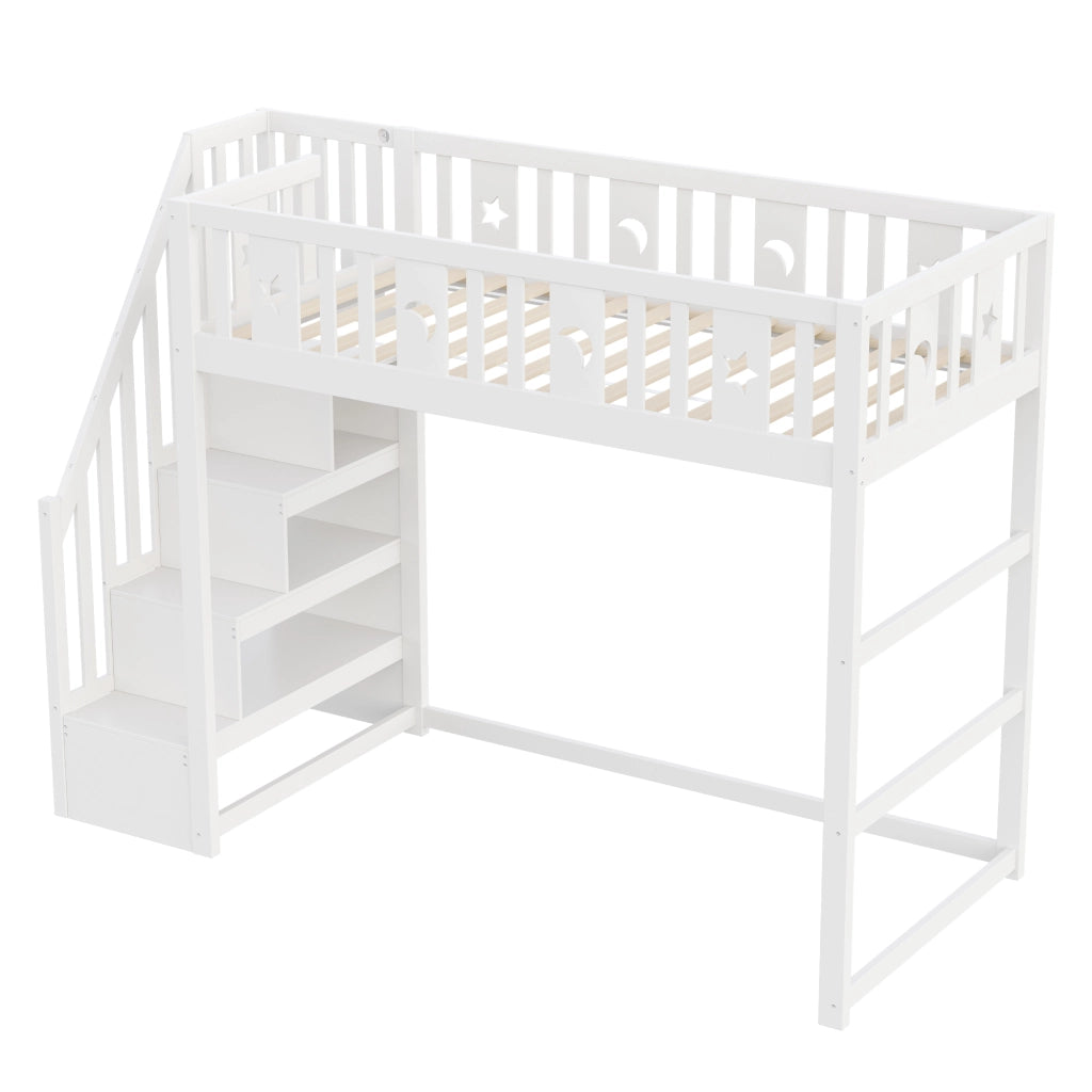 DESMIU Letto a soppalco per bambini 140 × 200 cm 2 posti con scala, mensole e sponde, senza materasso, bianco