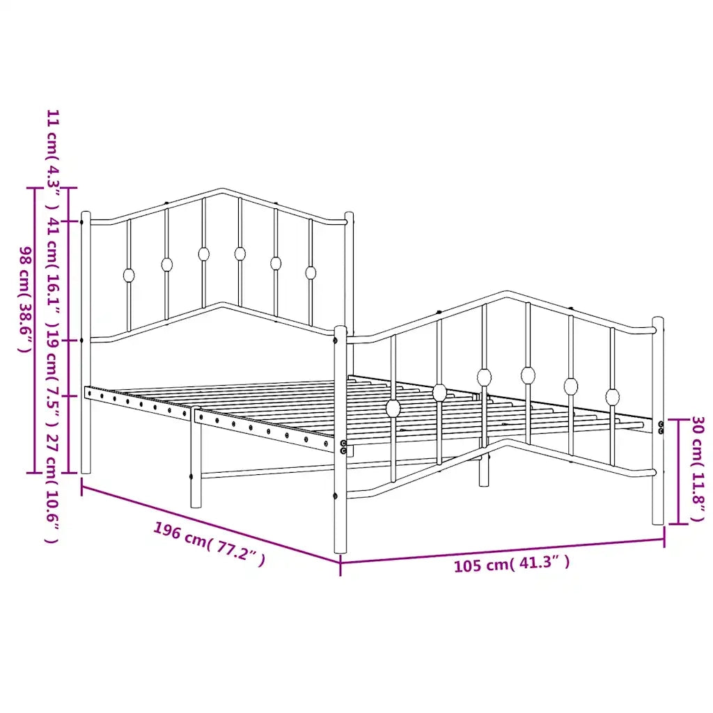Letto singolo | Letto per adulti | Giroletto con Testiera e Pediera Metallo Nero 100x190 cm