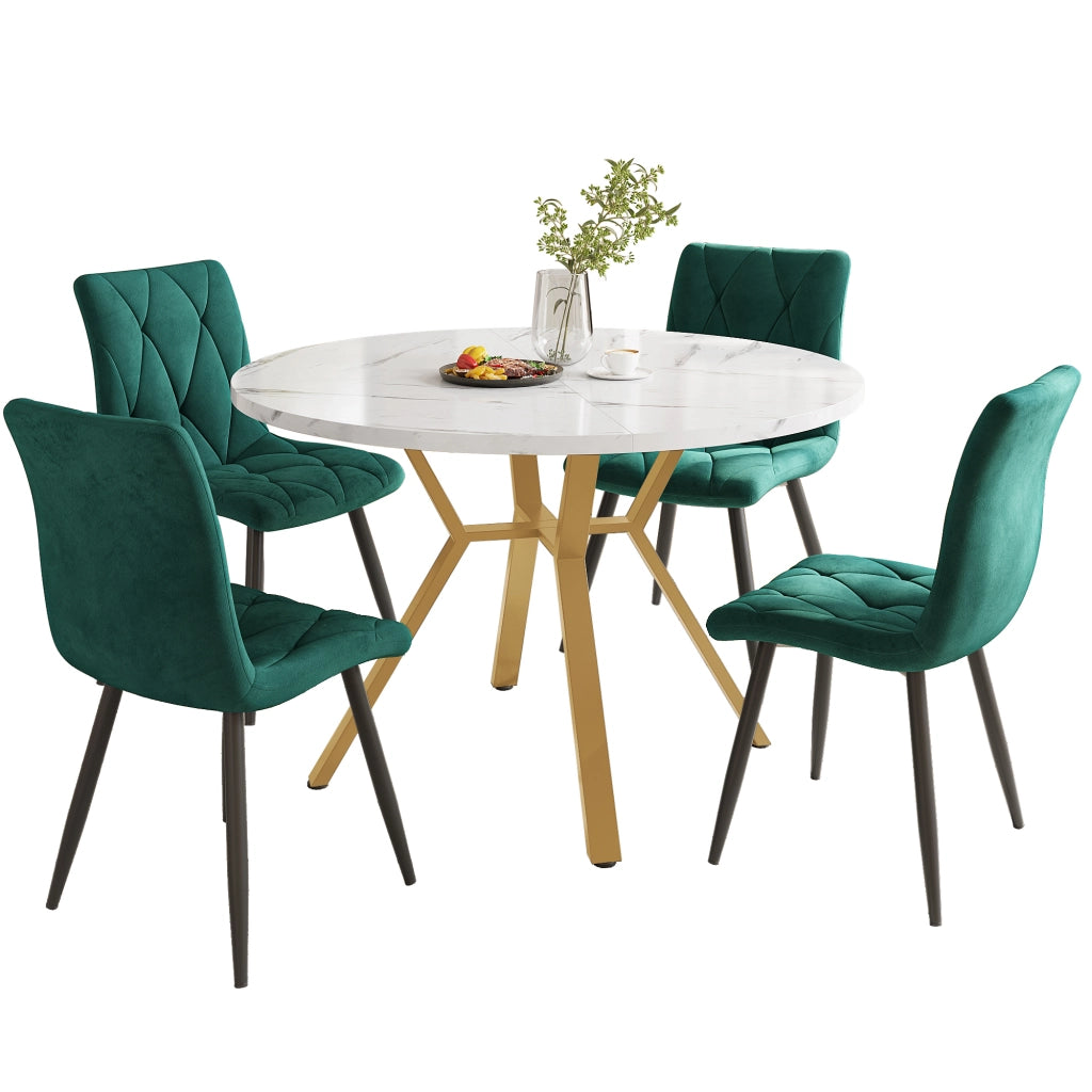 Tavolo da pranzo rotondo con 4 sedie, piano effetto marmo, gambe in metallo dorato, per sala da pranzo
