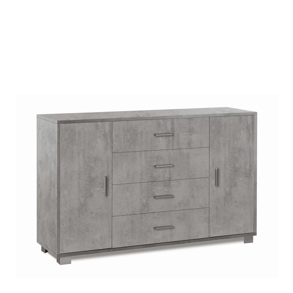 Credenza madia mobile con 2 ante e 4 cassetti 136x41x86H cm in kit di montaggio colore Cemento