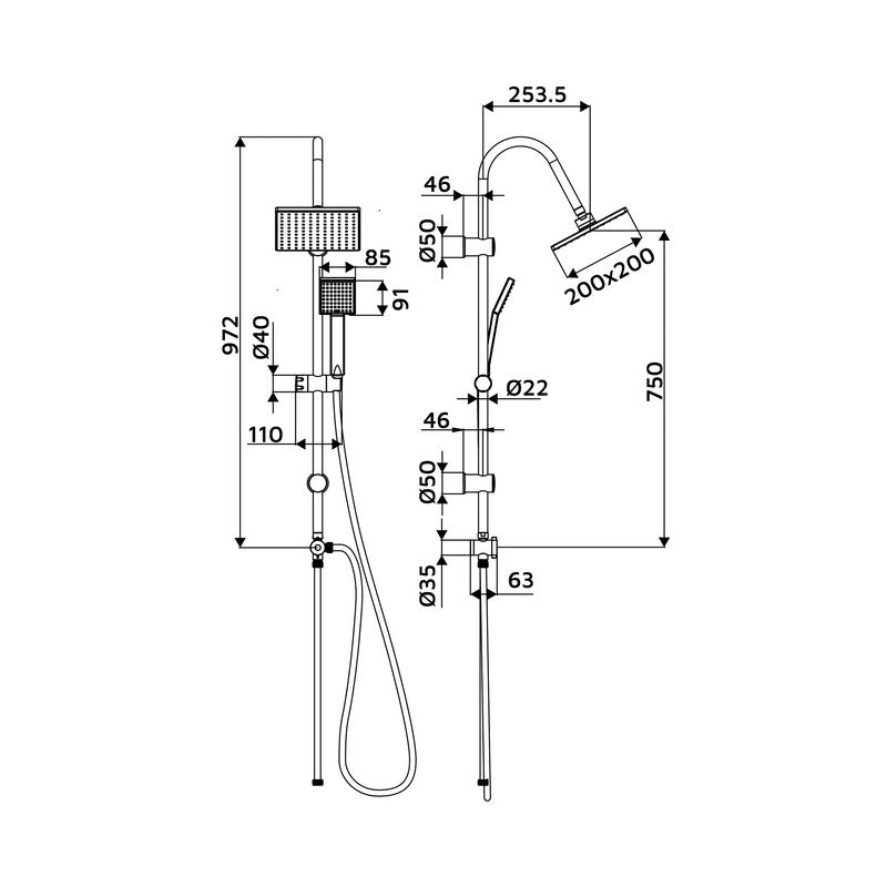 Colonna Doccia Milo con Soffione e Doccetta Quadrati 1 Getto