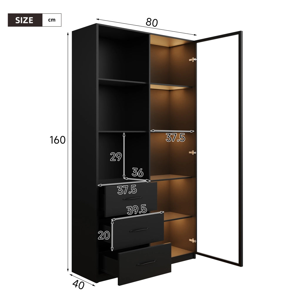 Libreria vetrina con LED e 3 cassetti, con 3 vani aperti e porta in vetro temperato, nero, 80 × 40 × 160 cm