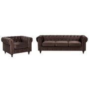 Set soggiorno Chesterfield Rivestimento in velluto marrone scuro Gambe nere Divano a 3 posti + poltrona