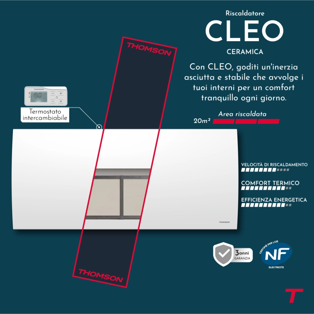 Radiatore elettrico a inerzia in ceramica secca Thomson con termostato intercambiabile 2000W cleo