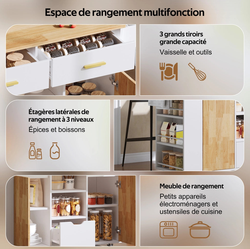 Isola cucina mobile con piano pieghevole; 3 cassetti; ripiani laterali e ruote bloccabili; 120x45(71)x90 cm