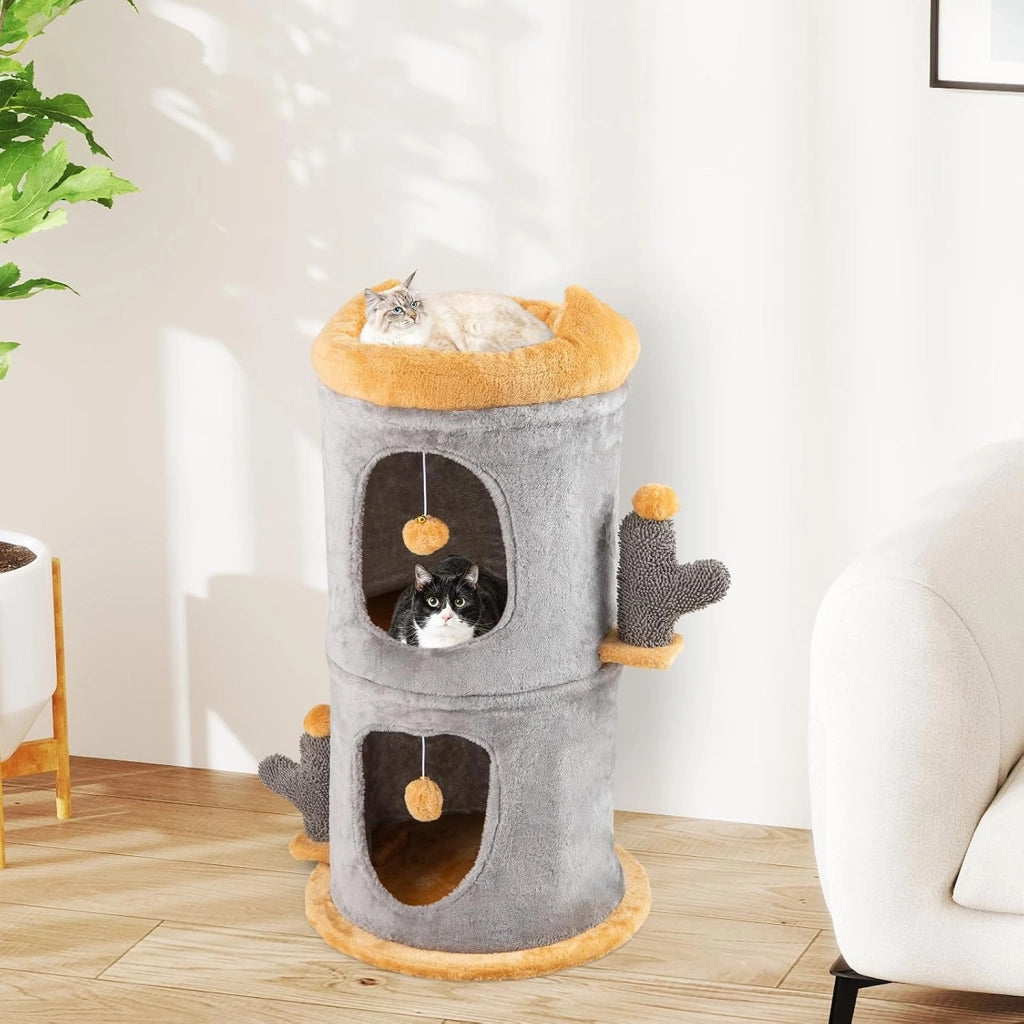 Cuccia per Gatti a 2 Piani, Albero per Gatti con 2 Comode Casette, 2 Palline Pendenti in Peluche, Piattaforma Imbottita in Peluche, Mobile Grotta per Gatti, Nascondiglio a Forma di Barile