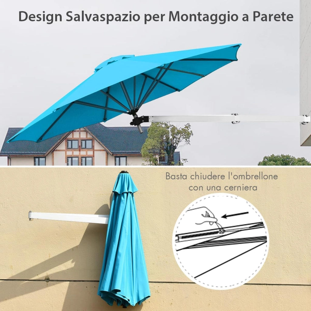 Ombrellone da Parete 247 cm, Ombrellone da Muro per Giardino con Angolo Regolabile, Parasole Esterno Pieghevole Anti UV, per Giardino, Balcone e Cortile (Turchese)
