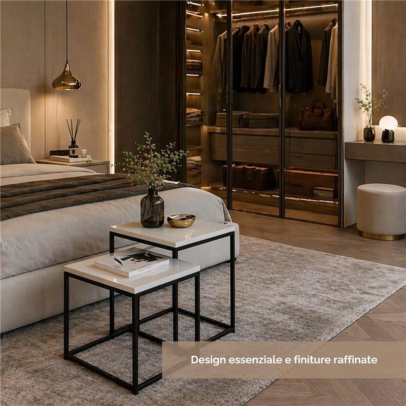 2 TAVOLINI METALLO MELANINA E MDF DIMENSIONI 35X35X45H CM E 40X40X50H CM - COLORE BIANCO LEGNO