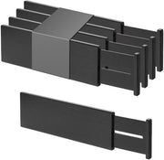 Divisori di cassetti in bambù grandi, altezza 10,1 cm, organizzatore di cassetti e abbigliamento regolabile, supporto a molle per bagno, armadio, scrivania, 4 pezzi, nero