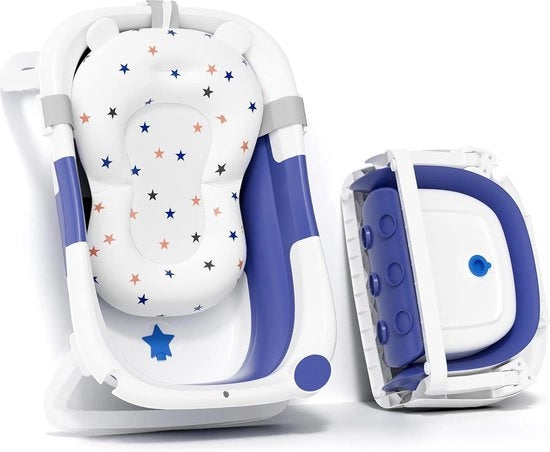 Bagnetto per neonati e bambini, per uso da viaggio, multifunzionale, con superficie antiscivolo, con foro di scarico, compreso tappetino di bagnetto (blu + tappetino di bagnetto)