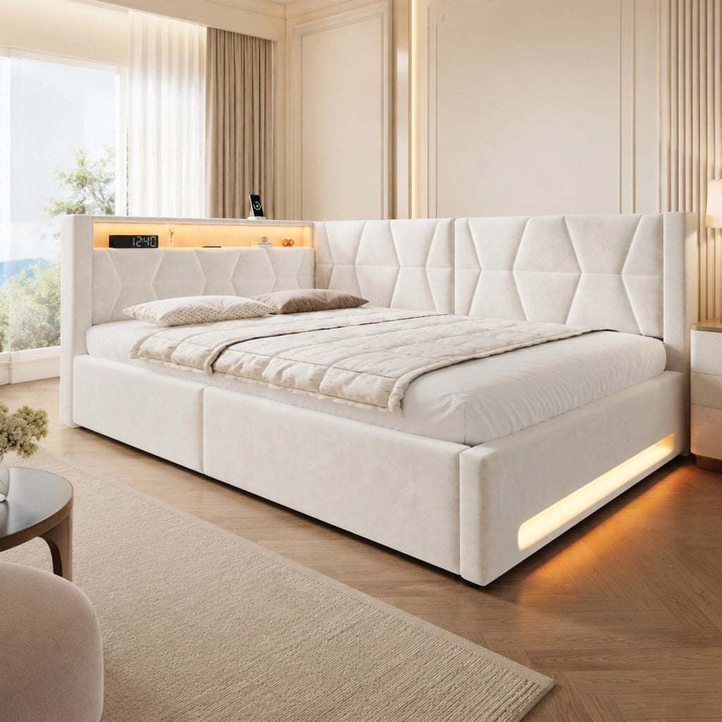 Letto Contenitore 140x200 cm con USB; Type-C e LED; in Velluto Beige