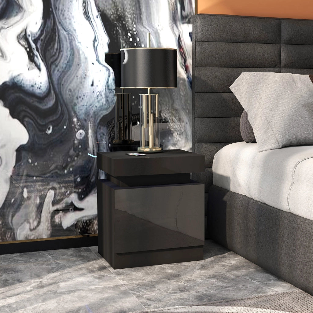 Comodino 45x35x52 cm Illuminazione LED a 16 Colori e 4 Modalità con 2 Cassetti in Legno Nero