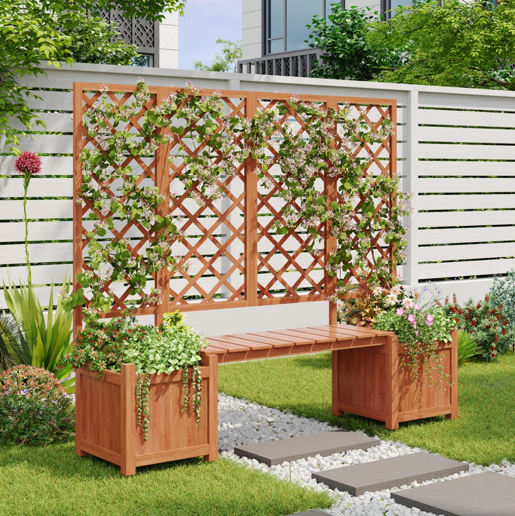 Fioriera con grigliato 169x145x42 cm con seduta; in legno marrone