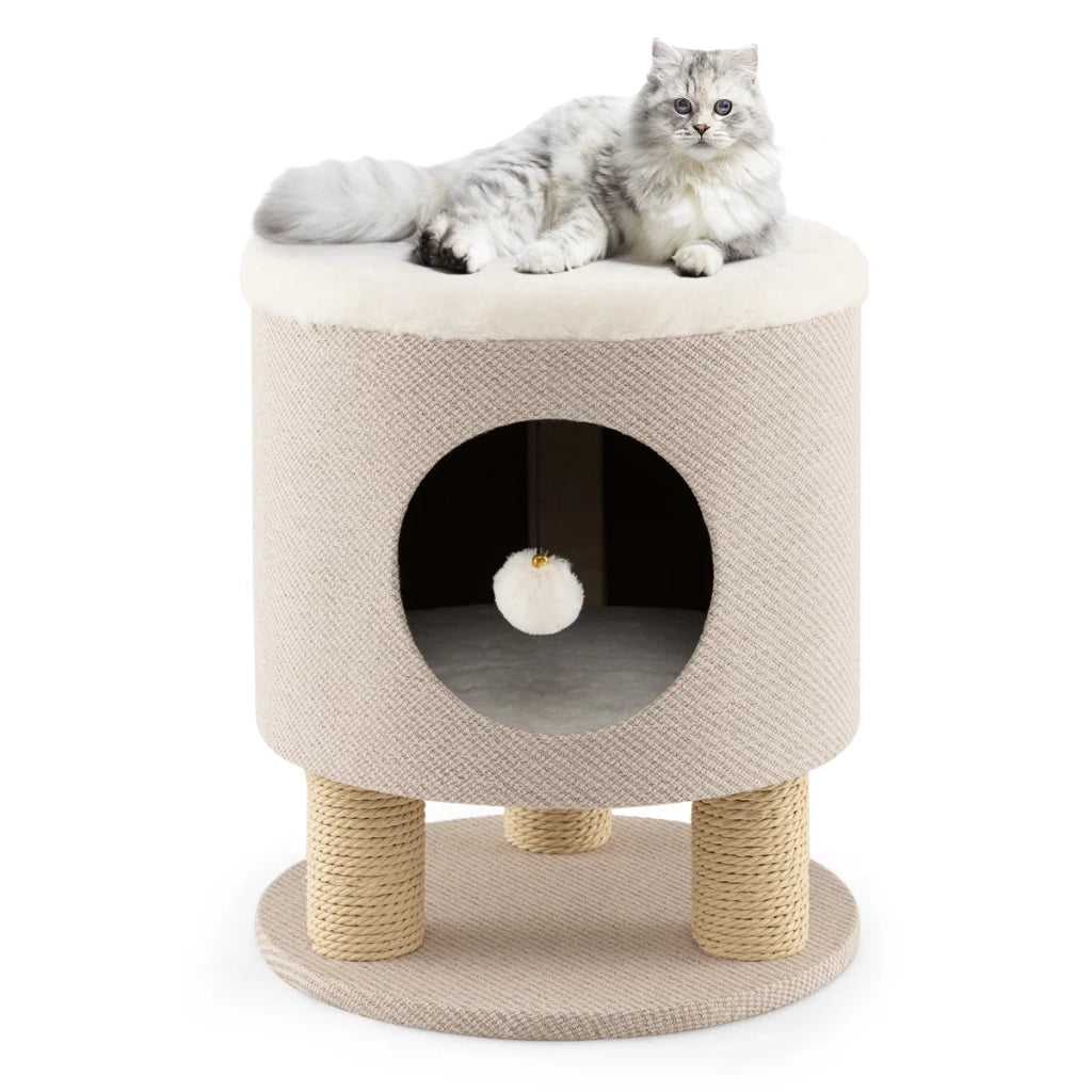 Casetta per gatti 40 x 40 x 47 cm con tiragraffi e palla sospesa design moderno legno ingegnerizzato beige 20_0010089