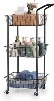 Carrello da cucina in metallo a 3 livelli con cesta di servizio, carrello multifunzionale con ruote per cucina, soggiorno, ufficio e bagno