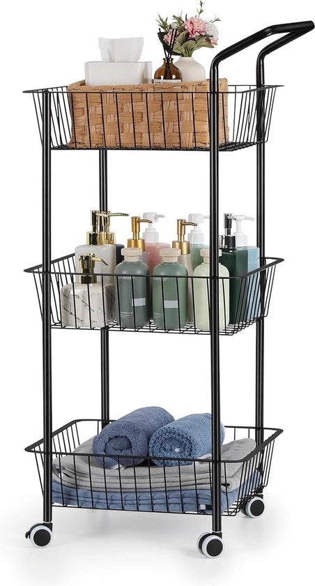 Carrello da cucina in metallo a 3 livelli con cesta di servizio, carrello multifunzionale con ruote per cucina, soggiorno, ufficio e bagno