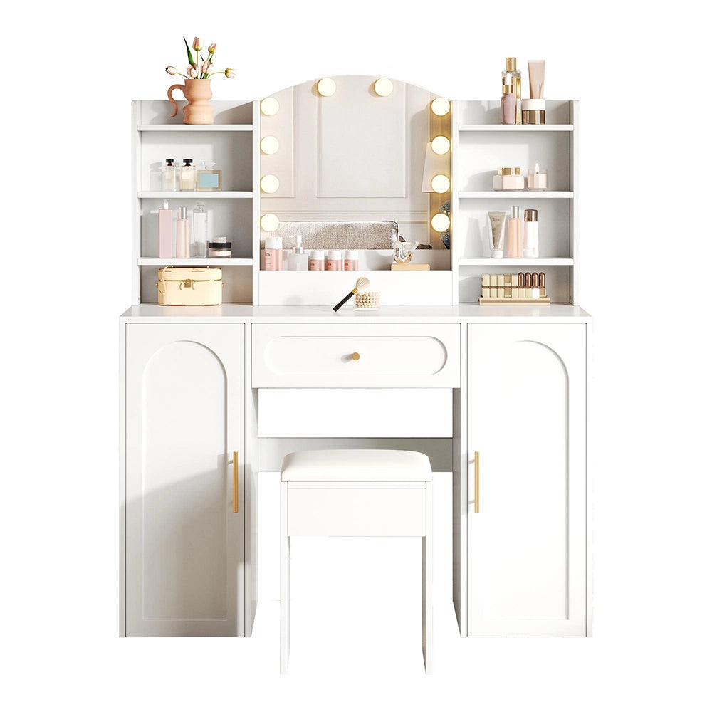Toilette grande con illuminazione LED regolabile, specchio e sgabello - Xylo - 110x40x132 cm, bianco, 1 cassetto e 2 ante