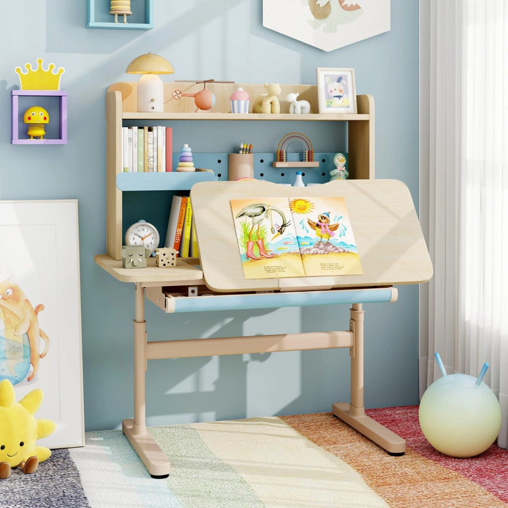 Tavolo da studio regolabile in altezza con piano inclinabile mensole, Scrivania per bambini con libreria e cassetto Blu