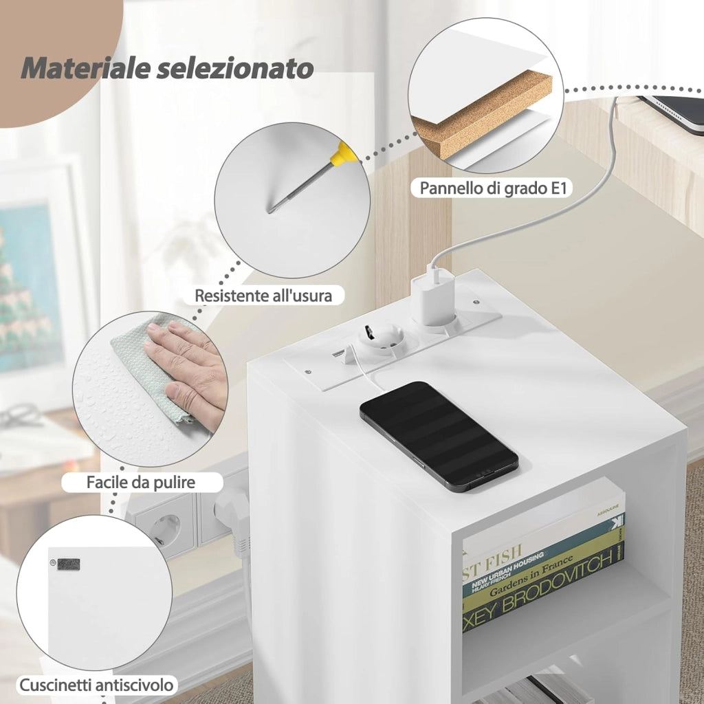 2 pezzi Comodino con Prese e Porte USB, Comodino per Camera da Letto Stretto, Comodino Salvaspazio con 2 Scomparti Aperti, per Soggiorno, Cameretta, in Legno, 25x30x60cm, NTS06ws