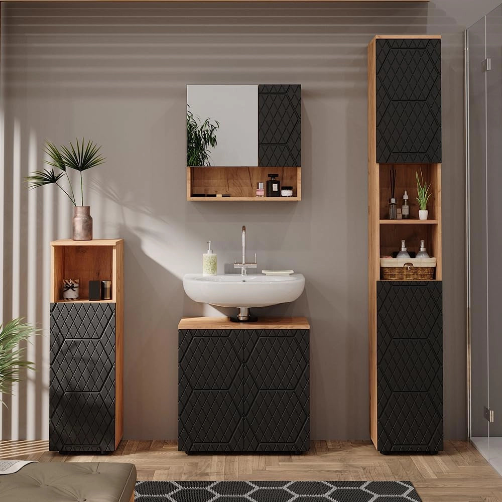 Mobile midi Irma, Antracite con struttura a nido d'ape, 30 x 95 cm, per la conservazione di accessori da bagno e combinabile con Irma