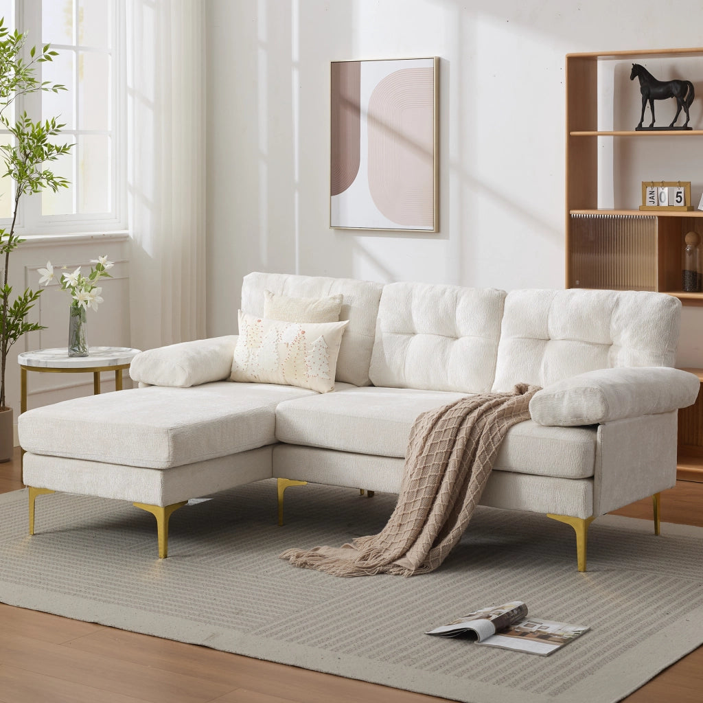Divano angolare reversibile 3 posti con cuscini e braccioli, in ciniglia, Beige, 187.5 × 130 × 79 cm