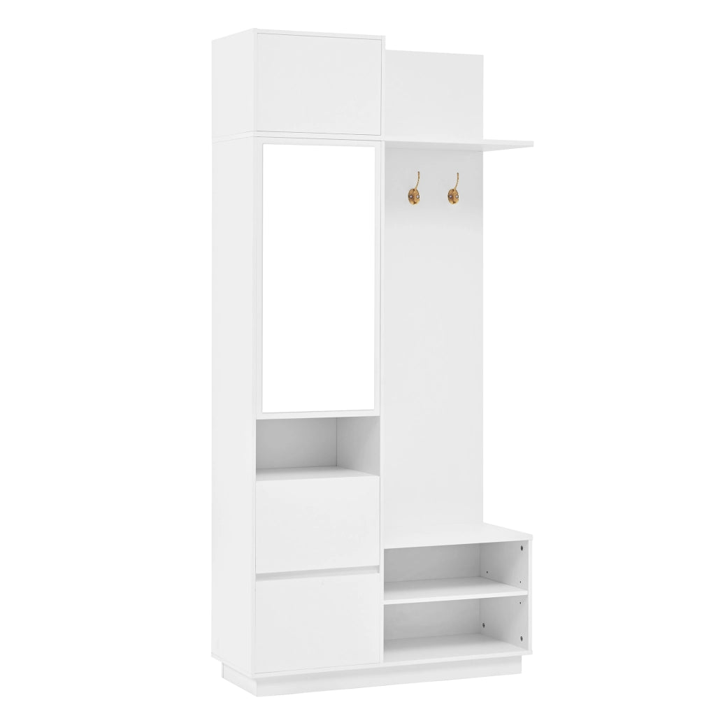 Set mobili da ingresso con armadio a specchio, panca portascarpe, cassetti e ganci, in MDF bianco