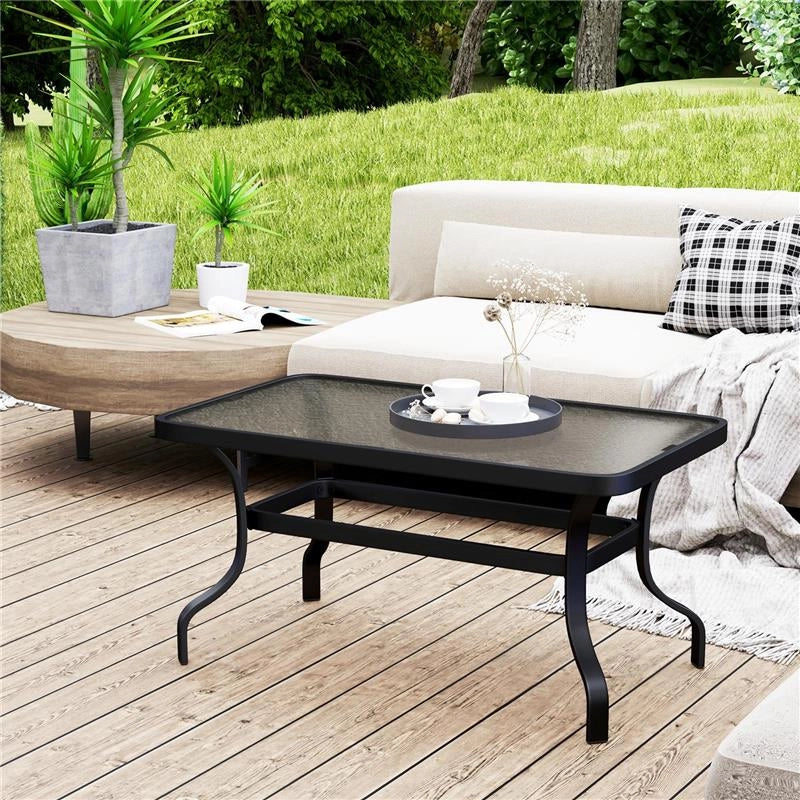 TAVOLINO DA ESTERNO RETTANGOLARE IN METALLO NERO CON PIANO IN VETRO TEMPERATO, 95X55X46 CM