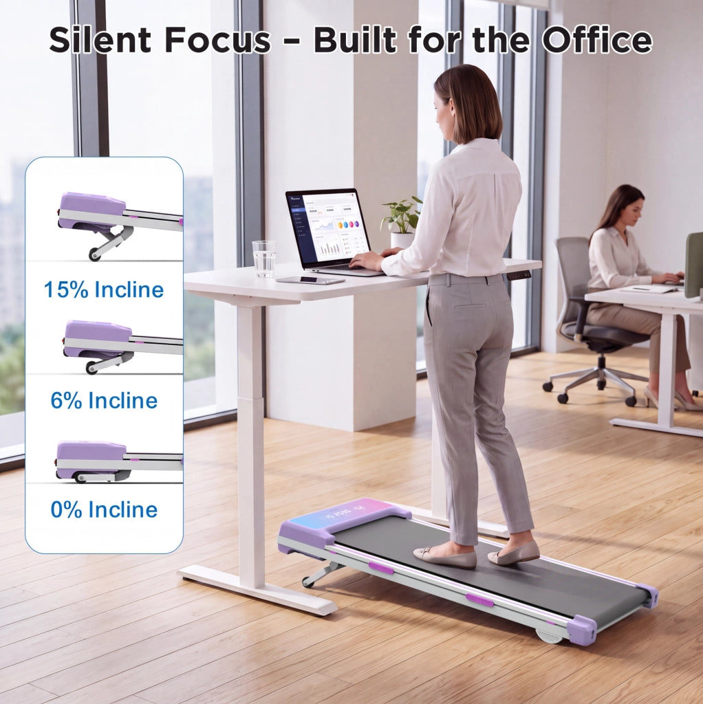 Tapis roulant ULEVR 3,5 HP 1-8 km/h, inclinazione automatica 15%, 12 programmi, Bluetooth, viola