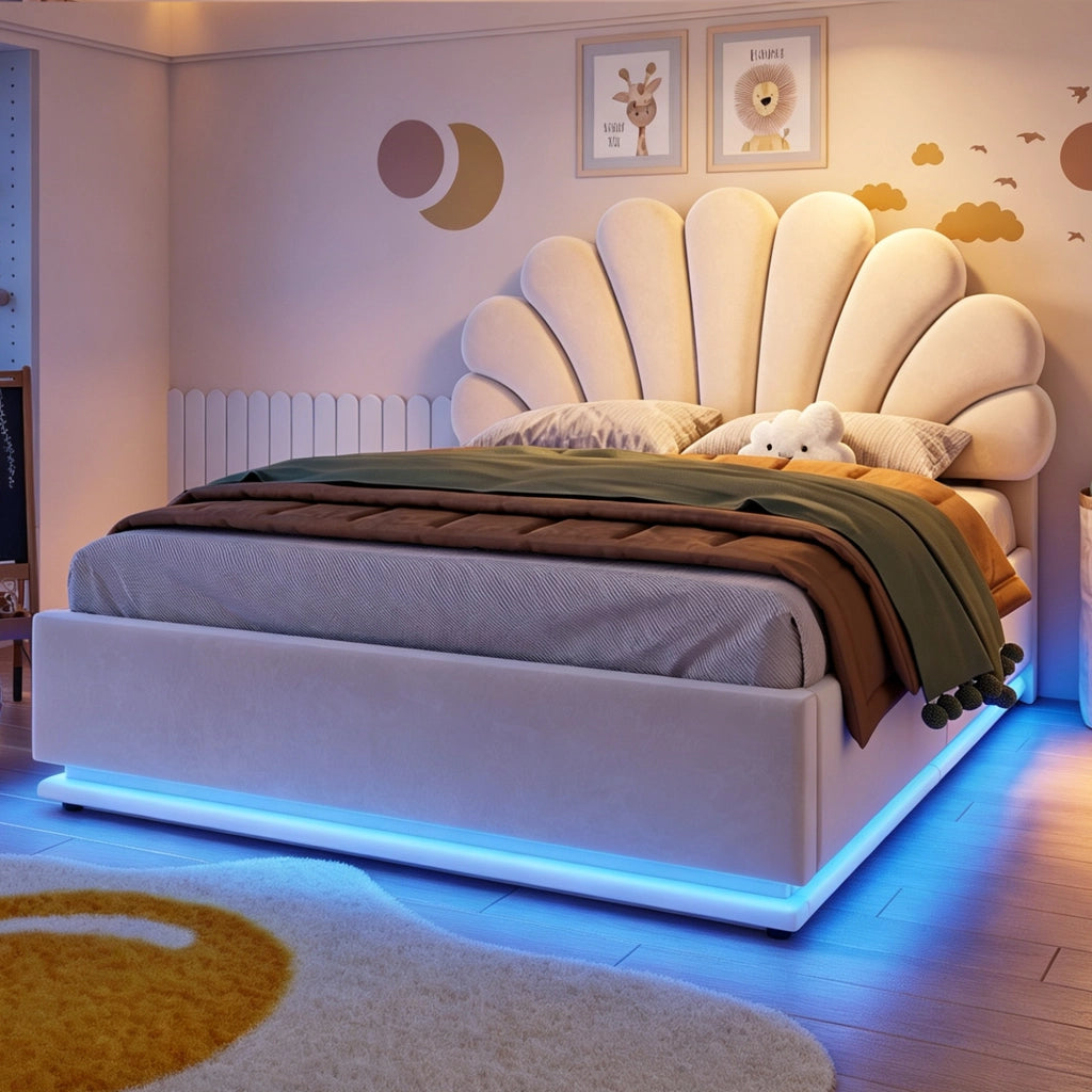 Letto contenitore matrimoniale 140×200 cm con testiera a fiore; LED; senza materasso; velluto; beige
