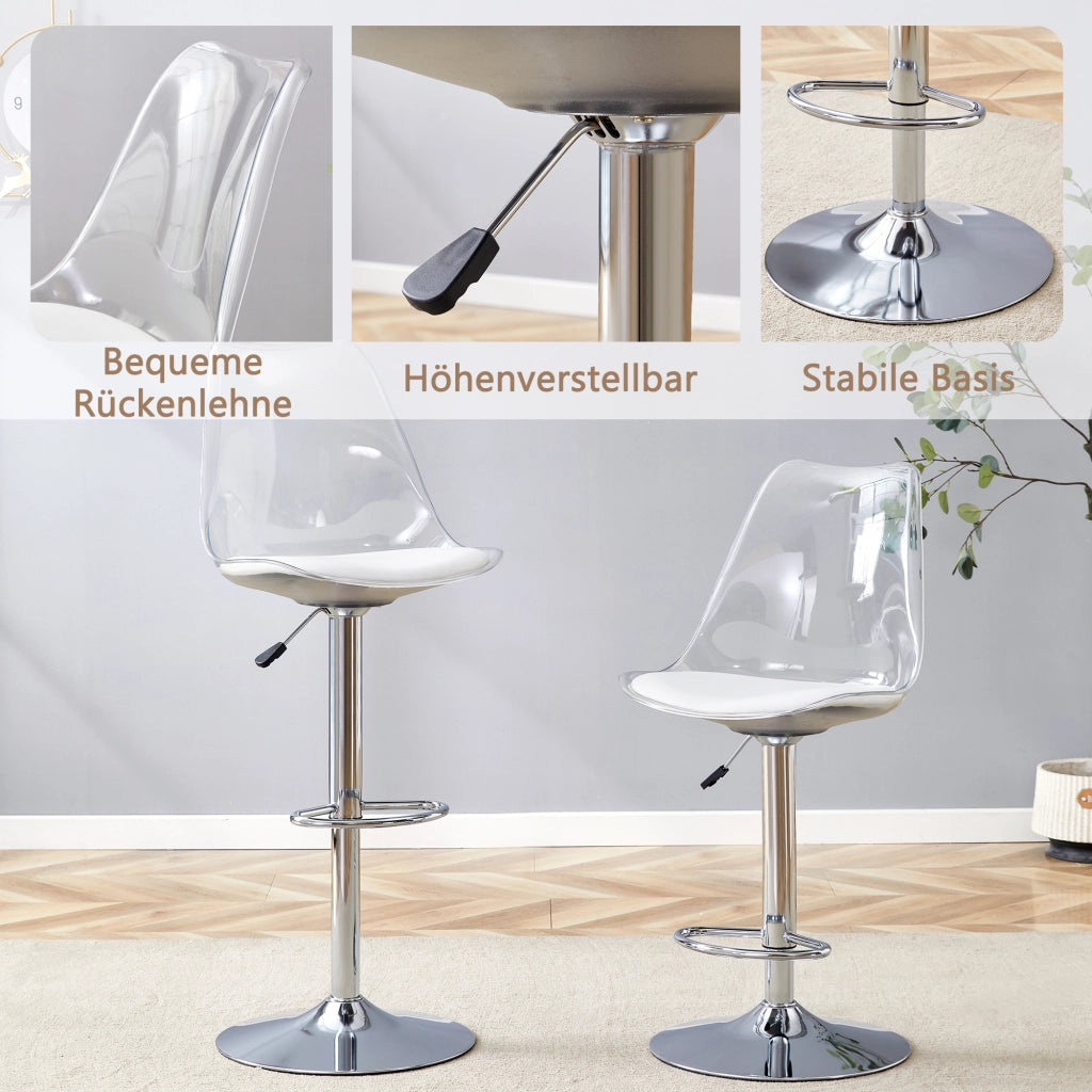SGABELLO BAR girevole e regolabile in altezza, 65,5x52,5x63,5 cm, trasparente, Set da 2 pezzi